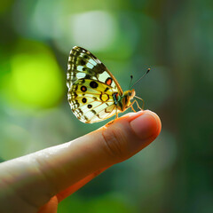 A butterfly is resting on a finger. The butterfly is white and black. Concept of calm and serenity, generative IA