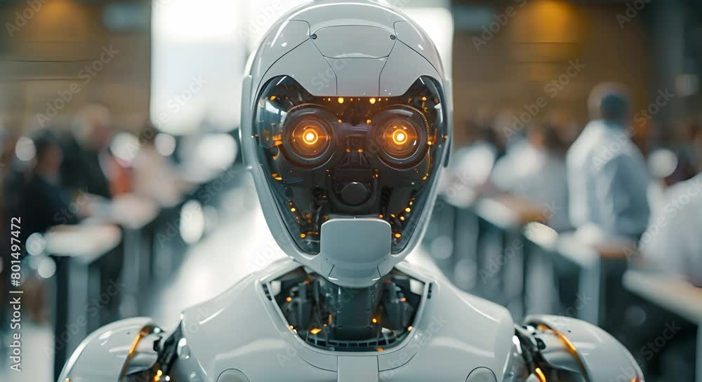 Poster humanoid robot competes with humans in a job interview setting. concept artificial intelligence, hum
