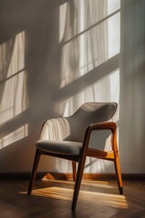 Fototapeta premium living room with modern chair with a sleek wooden frame and grey upholstery