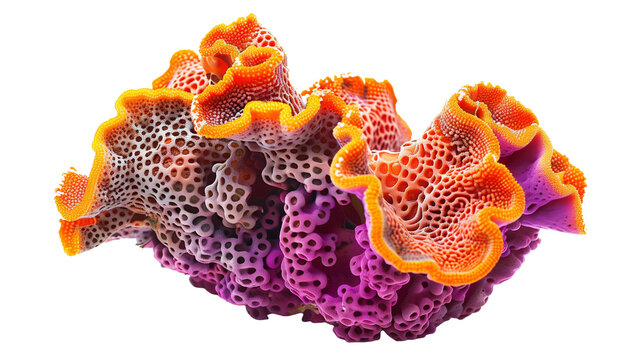 A close-up of a colorful sea sponge on the ocean floor, isolated on transparent background