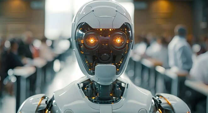 Humanoid robot competes with humans in a job interview setting. Concept Artificial Intelligence, Human vs Machine, Job Interview, Robotics, Future of Work