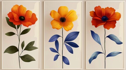 Abstract flower posters. Flowers with a danish pastel design in contemporary colors. Groovy naive funky interior decoration, paintings. Modern illustration, office supplies.