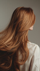 Naklejka premium A professional photo of a Wella model showcasing her beautiful, flowing light brown hair from a back view, perfect for a hair dye package. The image captures the well-nourished, moisturized, and lush 