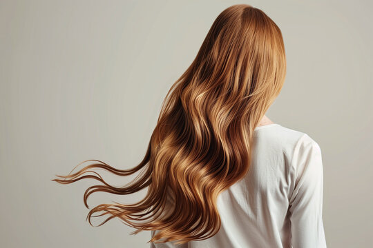 A professional photo of a Wella model showcasing her beautiful, flowing light brown hair from a back view, perfect for a hair dye package. The image captures the well-nourished, moisturized, and lush 