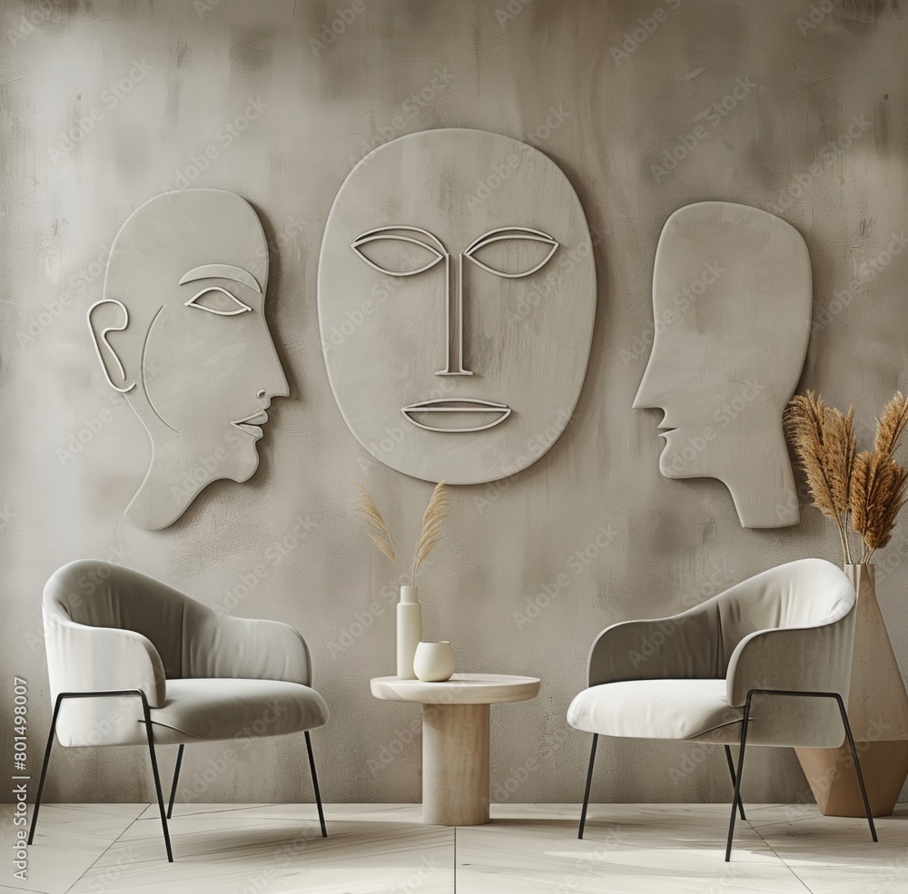 Poster 3d rendering of three simple abstract shapes in beige and gray textures on the wall of an apartment 