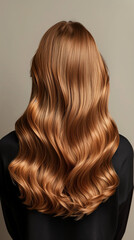 Fototapeta premium A professional photo of a Wella model showcasing her beautiful, flowing light brown hair from a back view, perfect for a hair dye package. The image captures the well-nourished, moisturized, and lush 