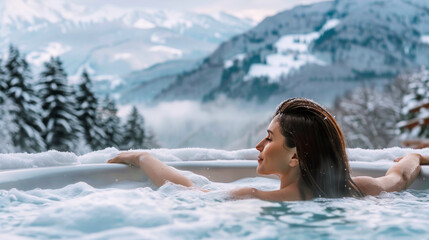 Woman Relaxing in Hot Tub with Mountain View
