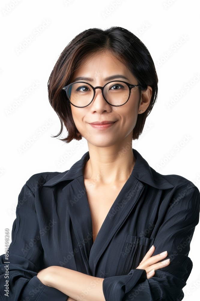 Wall mural  Portrait of a beautiful Asian businesswoman with her arms folded on a white background. Enigmatic smile. Rounds glasses. Mid 30s.