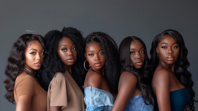 A hair photoshoot featuring a group of light-skinned Black women wearing various styles of pre-plucked lace wigs. This collection showcases the diversity and beauty of wig styles tailored to enhance n