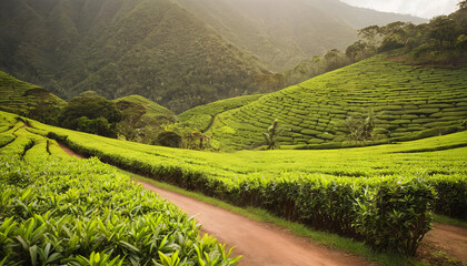 A dirt road winds through a vibrant green field, surrounded by lush vegetation under a clear blue sky - Powered by Adobe