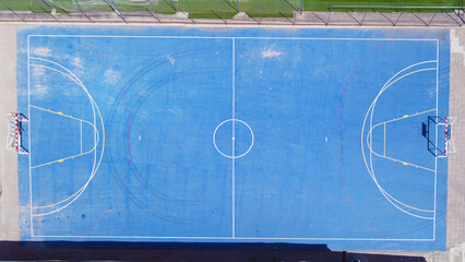 zenithal view of a 5-a-side football pitch, blue football pitches, sports fields.