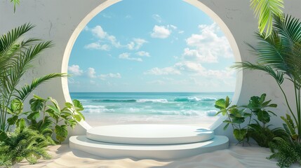 A beautiful beach scene with a large archway leading to the ocean, empty space in the middle, podium or product display showcase with copy space on a pedestal. Horizontal background.