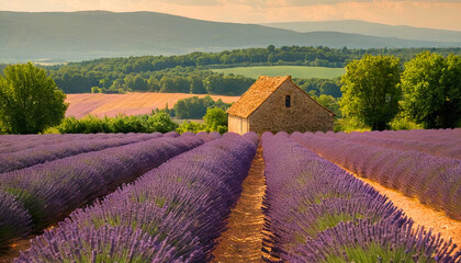 A lavender field stretches into the distance, with a house barely visible on the horizon