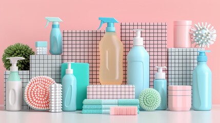   A range of cleaning products is displayed against a pink and blue tiled backdrop, with a pink wall forming the background