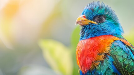  A vibrant bird perched on a verdant branch against a softly blurred green backdrop