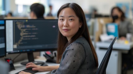 Focused Asian Female Developer in Office Setting