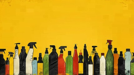   A line of bottles with diverse colors and sizes sits against a yellow backdrop, crowned by a black sprayer