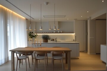 A serene dining area with a minimalist table and chairs, accented by a cluster of pendant lights hanging above.