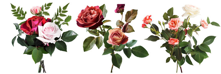 set of arrangements of roses with lush leaves, isolated on transparent background