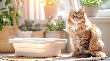 A cat with long fur is sitting on a rug in front of a litter box. Cozy indoor background with copy space.