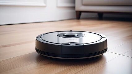 A modern robot vacuum cleaner moving across a wooden laminate in a room