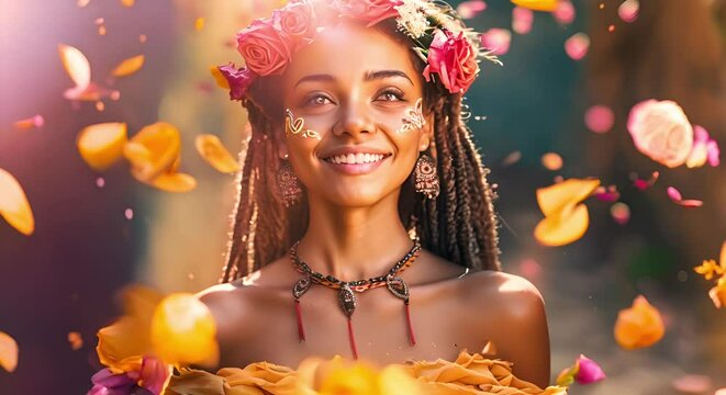 Black woman participates in Yemanja festival on February nd by tossing flowers in Brazil. Concept Cultural festival, Yemanja celebration, Flower tossing, Brazilian tradition, Black woman portrait