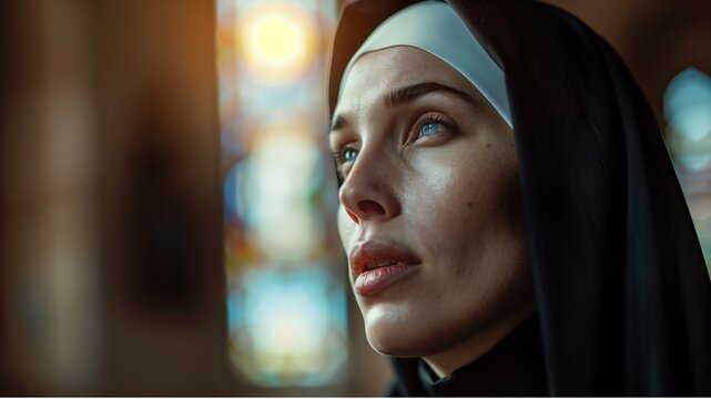 Portrait of beautiful nun in church 