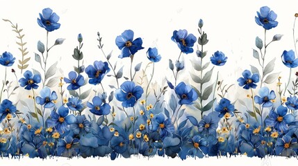 A modern minimalist cyan botanical wall art set with plants, algae, and flowers. Hand drawn floral blue flat modern illustration for interiors.