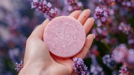 A hand holding a homemade soap or solid shampoo round bar with lavender flowers.