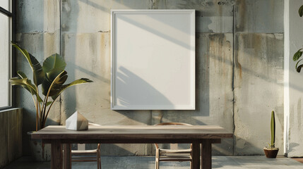 Amidst a backdrop of urban sophistication, a white empty frame hangs against a concrete wall,...