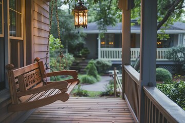 A serene front porch with a wooden swing bench and a hanging lantern, inviting relaxation and contemplation.
