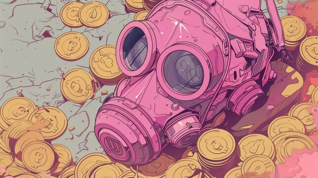 Pastel hues paint the scene, In a close-up, amidst a futuristic background, a figure dons a random gas mask, enveloped in a money rain, standing by a gold coins pile