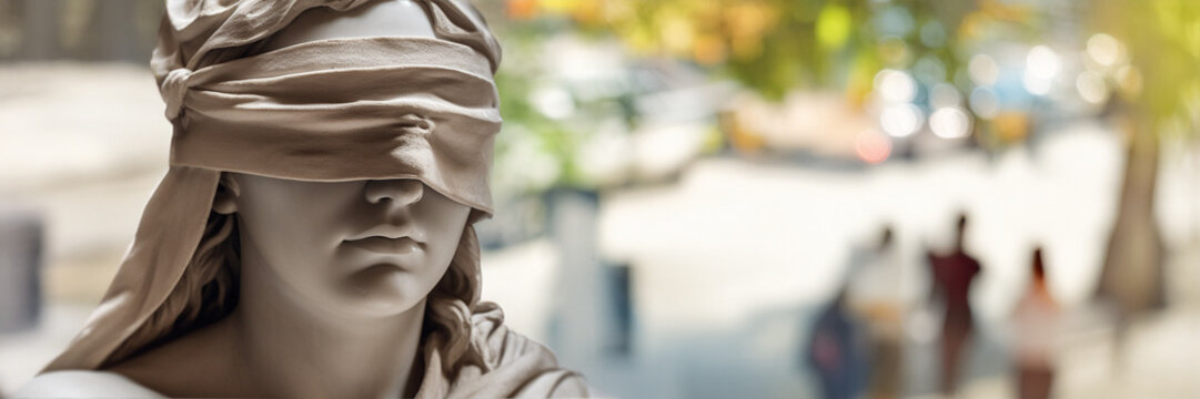 Statue of Lady Justice with a blindfold, symbolizing impartiality, set against a blurred street background, emphasizing the concept of fairness and equality in society.