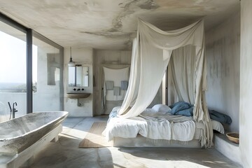 A bedroom in an off-white, modern minimalist house on the island