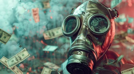 Close-up, A gas mask, under a money rain, against a futuristic background