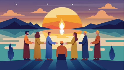 The sun sets over a serene lake as leaders from different faiths stand in a circle each holding a candle as they offer reflections on the beauty of. Vector illustration - obrazy, fototapety, plakaty