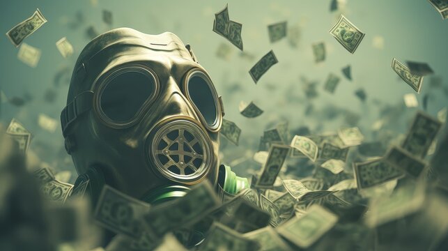 Close-up, A gas mask, under a money rain, against a futuristic background