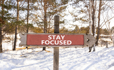 Stay focused symbol. Concept words Stay focused on beautiful wooden road sign. Beautiful forest...