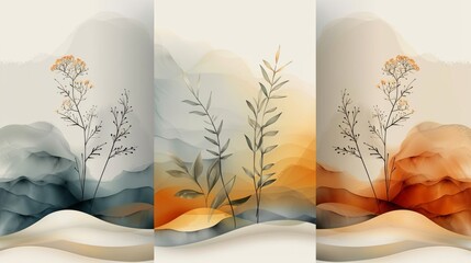Earth tone boho foliage line art drawing with abstract shape. Abstract Plant Art design with minimal and natural colors.