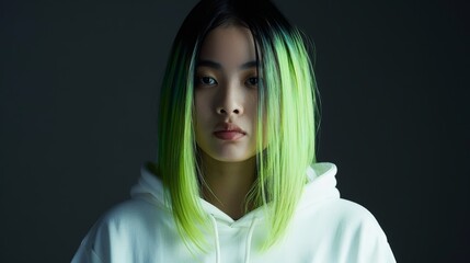 Indonesian female model with straight hair wearing white hoodie, green ombre color, front view, isolated on black background