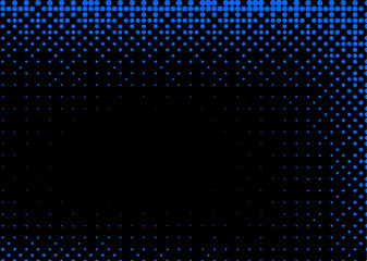 Halftone texture with blue dots on a black background. Minimalism, vector. Background for posters, websites, business cards, postcard design