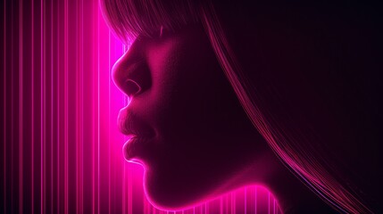   A woman's face, lit from the side and behind the ear, in soft pink light