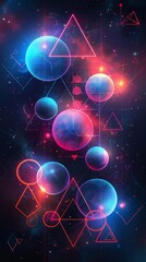 An abstract painting of glowing blue and red circles and triangles on a black background.