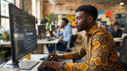 Focused African Developer Writing Code in a Modern Office