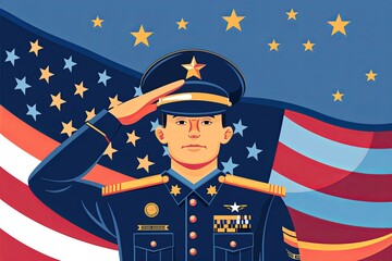 A flat design of a soldier in uniform saluting at US flag.