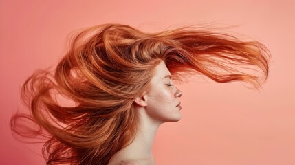   A woman with long red hair billows in the wind, her eyes closed