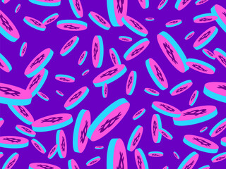 3d coins with bitcoin symbol seamless pattern. Cryptocurrency coin in isometric style. Crypto trading. Design for wallpaper, banners and wrapping paper. Vector illustration