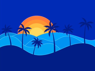 View of the sea coast at sunset. Coast with silhouettes of palm trees at sunset in a minimalist style. Tropical landscape, summer time. Design for print, banners and posters. Vector illustration