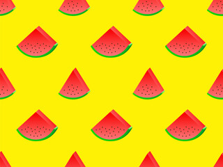 3D watermelon slices with seeds seamless pattern. Isometric watermelon slices on a yellow background. Design for posters, wallpaper, print promotional items. Vector illustration