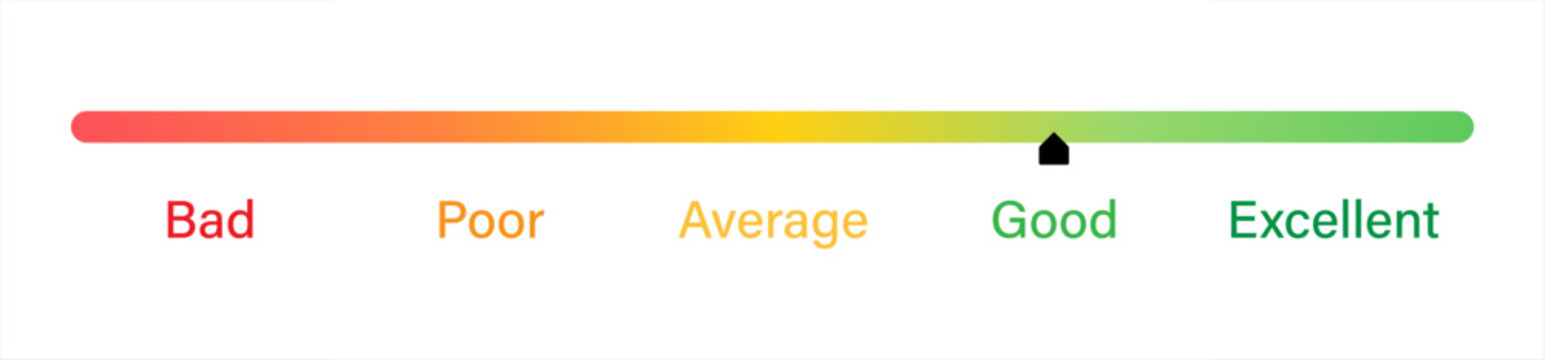 Rating slider with bad to excellent experience for customer rating apps and services in gradient style. Feedback slider or level scale for rating good bad neutral and excellent emotions with pointer